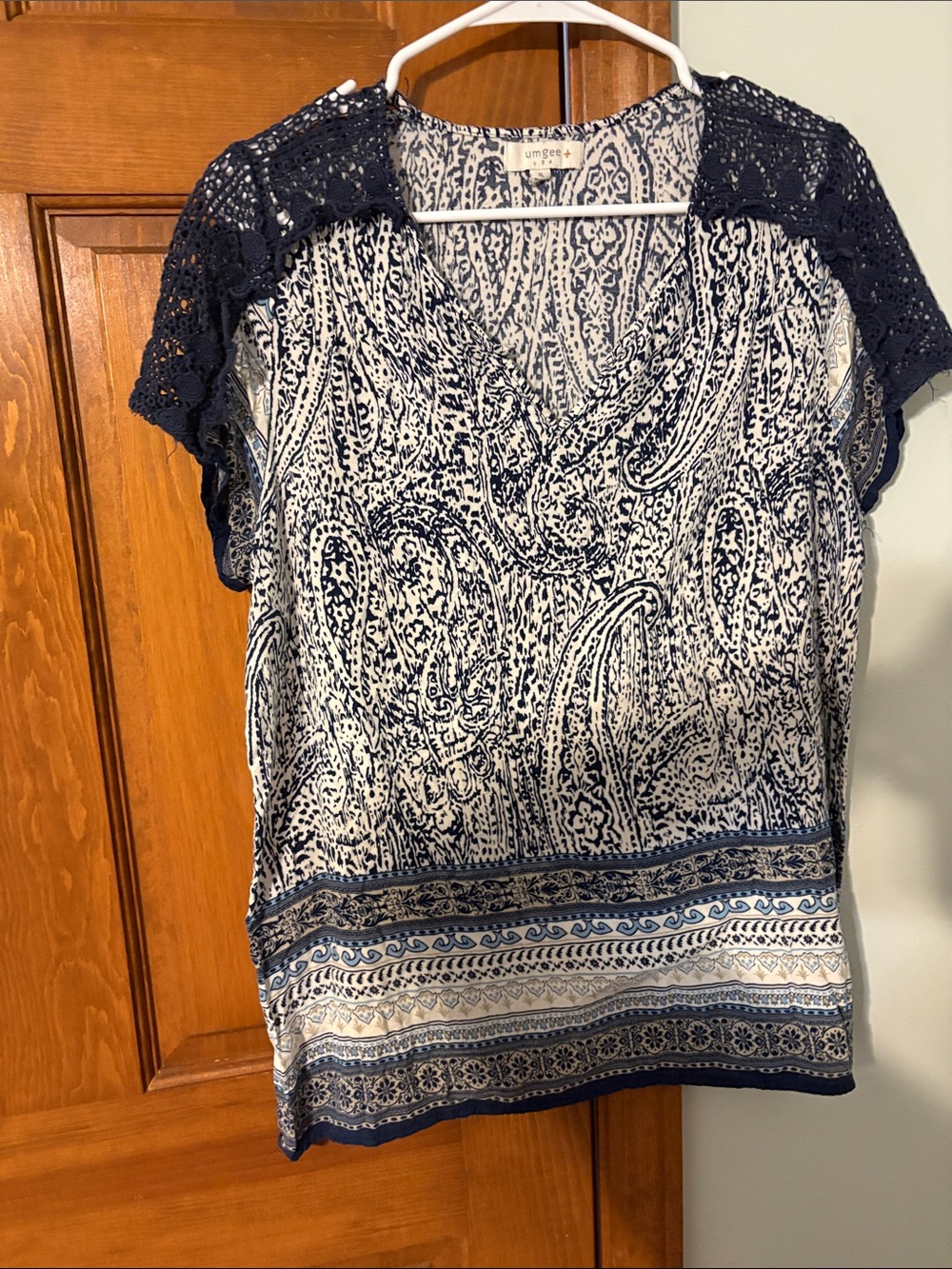 Crochet-Shoulder Paisley Print V-Neck Top - Navy XL by Umgee